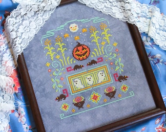 Haunted Corn Maze Cross Stitch Pattern - Halloween Pumpkin, Harvest Moon - PDF Digital Download