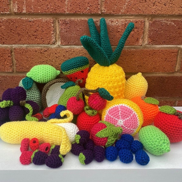 Modèle de crochet PDF | 18 modèles de fruits au crochet | Crochet Amigurumi | Fruits de jeu doux | Poupées et jouets au crochet | Apprendre en jouant |