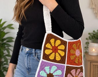 Daisy Granny Square Crochet Bag Pattern - Flower Shoulder Purse - PDF Download