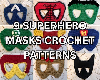 Peut inclure: Une collection de neuf masques de super-héros au crochet présentant divers motifs, dont bleu avec un A blanc, rouge avec une toile noire, vert avec des cheveux noirs, vert avec un logo, rouge avec des ailes jaunes, bleu avec un S rouge, rouge et jaune, doré et noir.