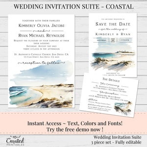 Beach Wedding Invitation Suite, DIY Invitation Set, Wedding Template, Editable Invitation, Printable DIY, Wedding Suite, Coastal Wedding