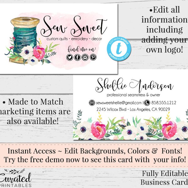 Sewing Floral Business Card, DIY Business Card, Watercolor Card Template, DIY Template, Instant Download Card, Sew Chelsea