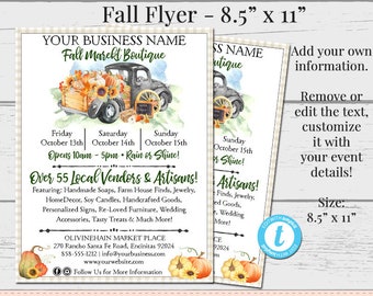 Fall Market Flyer, Custom Flyer, Vendor Flyer, Market Flyer, DIY Template, Marketing, Editable Vendor Flyers, Pumpkin and Sunflowers