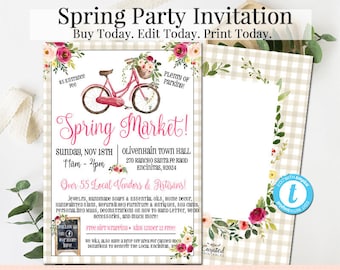 Spring Market Invitation, DIY Wedding Template, DIY Shower Invitation, Printable DIY, Instant Download, Editable Invitation, 5 x 7, Bike