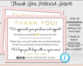 Thank You Postcards, Editable Postcards, Package Inserts, Order Inserts, Custom Thank You Card, Instant Download Postcard, Pink and Gold