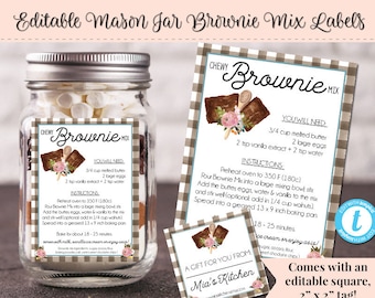 Mason Jar Brownie Mix Label, Editable Label, DIY Label, Product Label, DIY Ingredient Label, Mason Jar Gift Label, Mason Jar,  3 x 4