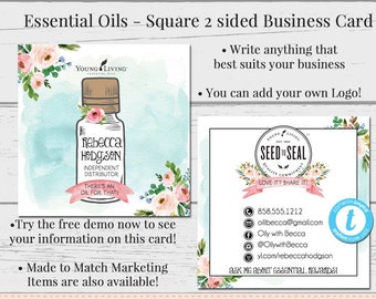 Essential Oils Business Card, Editable Business Card, Square Business Card Template, DIY Business Card, Oils Logo, DIY Square Card