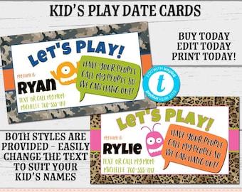 Kid's Play Date Card, Editable Calling Card, Children's Playdate Care, DIY Business Card, Instant Download Card, Editable Card, Babysitting