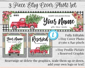 Holiday Truck Etsy Cover Photo, DIY Etsy Banner, Editable Etsy Set, DIY Etsy Set, Red Truck Etsy Set, Cover Photo, Christmas Etsy Template