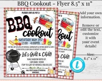 Barbecue Cookout Flyer, Picnic Flyer, Fundraiser Flyer, Neighborhood Barbecue Flyer, DIY Template, BBQ invite, Editable Flyer, DIY Flyer