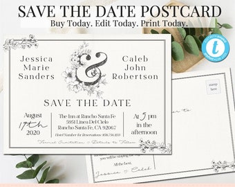 Save the Date, Save the Date Postcard, Editable Invitation, Instant Download, Wedding Printable, Wedding Template, Botanical Invitation