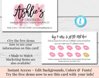 LipGloss Business Card, Makeup Artist Rep Card, Business Card Template, DIY Business Card, Instant Download Card, DIY, Templett Invitation