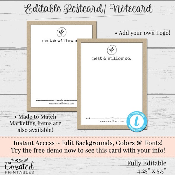 Editable Postcard, DIY Postcard, Editable Postcard, Package Insert, Order Cards, Instant Download Postcard, 4.25 x 5.5, Nest & Willow