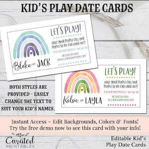 Kid's Play Date Card, Editable Calling Card, Children's Playdate Care, DIY Business Card, Instant Download Card, Editable Card, Babysitting