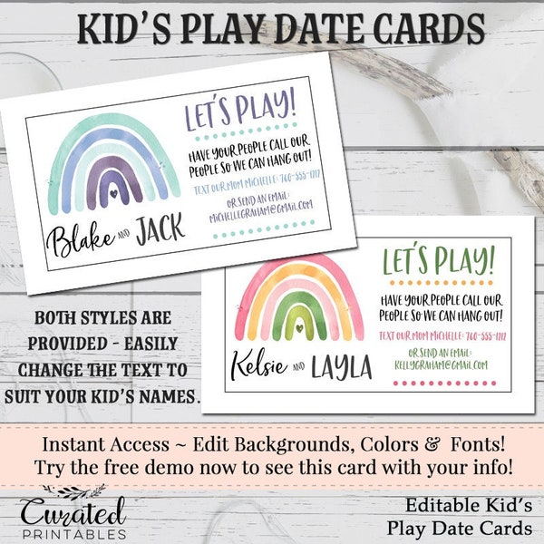 Kid's Play Date Card, Editable Calling Card, Children's Playdate Care, DIY Business Card, Instant Download Card, Editable Card, Babysitting