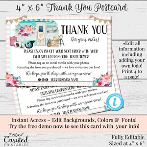 DIY Thank You Postcards, Editable Postcards, Package Inserts, Order Inserts, Instant Download Postcard, The Little Trailer, Postcard 4 x 6