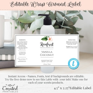 Wrap Around Bottle Label, Editable Bottle Label, DIY Bottle Label, Bottle Label, 2.5 oz Bottle, 4.5&quot; x 2.25&quot;, Product Label, Branding