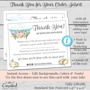 Thank You Postcards, Editable Postcards, Package Inserts, Order Inserts, Custom Thank You Card, Instant Download, DIY Card, Bathtub