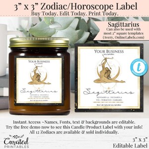 Zodiac Candle Label, Editable Candle Label, Product Label, DIY Candle Label, 3 Inch Square, Instant Download Sticker, Zodiac, Sagittarius
