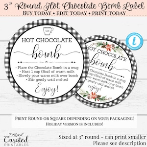 Hot Chocolate Bomb Label, Hot Cocoa Tag, Hot Chocolate Instructions, Editable Gift Tag, DIY Label, Editable Hot Chocolate Bomb Directions