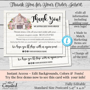 Thank You Postcards, Editable Postcards, Package Inserts, Order Inserts, Custom Thank You Card, Instant Download Postcard, My Barntique