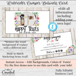 Tarjeta de presentación de autocaravana, tarjeta de presentación DIY, tarjeta de presentación de remolque vintage, tarjeta de presentación, tarjeta de descarga instantánea, tarjeta editable, Happy Trails