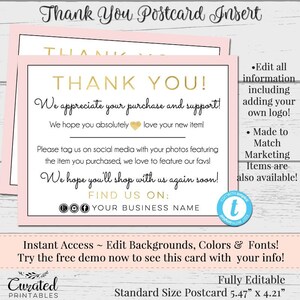 Thank You Postcards, Editable Postcards, Package Inserts, Order Inserts, Custom Thank You Card, Instant Download Postcard, Pink and Gold