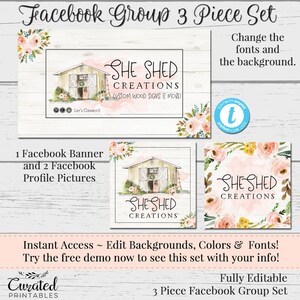 She Shed Facebook Group  Set, Customizable Facebook, DIY Facebook, Editable Facebook Set, Instant Template, DIY Facebook Graphics