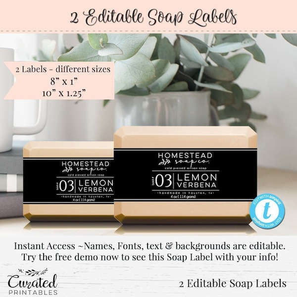 2 Soap Labels, Editable Label, Bath Label, DIY Label, DIY Wrap Labels, Editable Soap Label, Label Templates, 8 x 1 and 10 x 1.25, Homestead