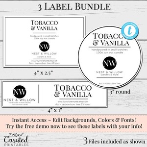 3 Label Bundle - Rectangular Label, DIY Round Sticker, Instant Download Sticker, Editable Sticker, Product Labeling, Nest and Willow