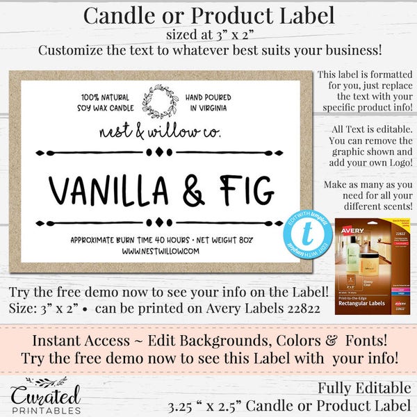 Small Candle Label, Editable Label, Bath Product Label, DIY Ingredient Label, Instant Print Sticker, Editable Sticker, 3 x 2 Avery Label DIY