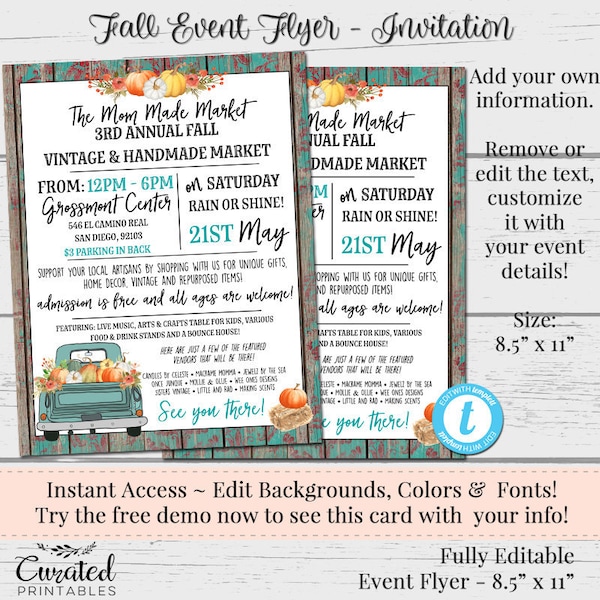 Fall Event Flyer, Custom Flyer, Vendor Flyer, Invitation for Vendors, DIY Template, Marketing, Editable Vendor Flyers, Vintage Truck