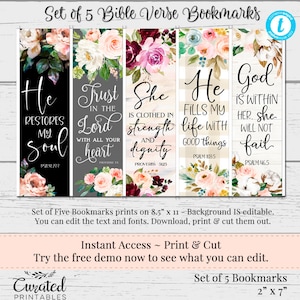 Printable Bible Verse Bookmarks, Instant Download Bookmarks, Christian Bookmarks, Floral Bible Verse Bookmarks, Editable Bookmarks