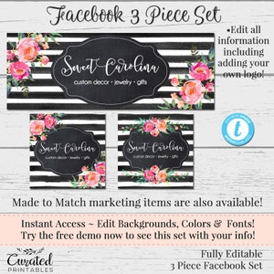 Striped Floral Facebook Set, Customizable Facebook, DIY Facebook, Editable Facebook Set, Template, DIY Business Set, Oh Carolina