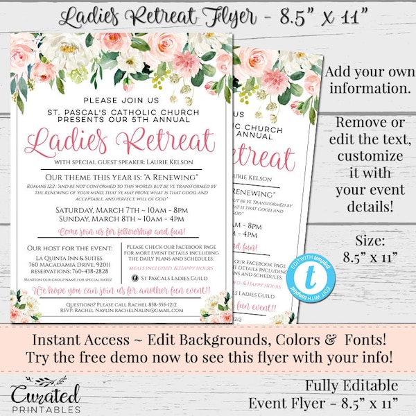 Ladies Retreat Flyer, Custom Flyer,Ladies Weekend, Women's Invitation, DIY Template, Marketing, Editable Vendor Flyers, Floral Even Flyer