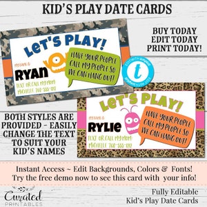 子供のプレイデートカード、編集可能な名刺、子供のプレイデートケア、DIY名刺、インスタントダウンロードカード、編集可能なカード、ベビーシッター