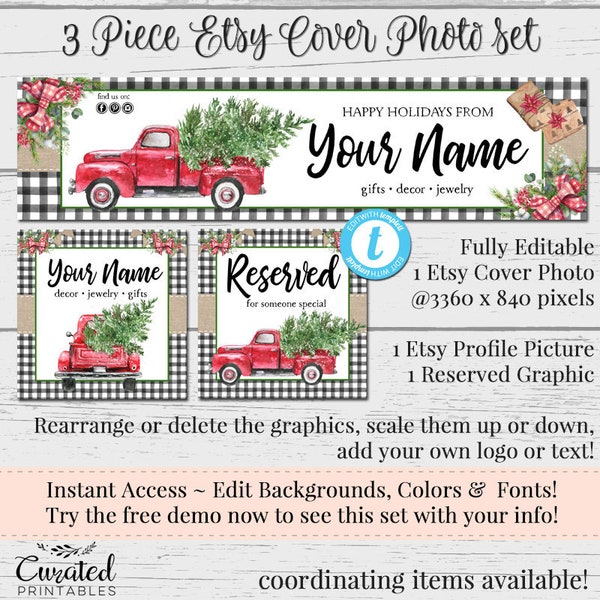 Holiday Truck Etsy Cover Photo, DIY Etsy Banner, Editable Etsy Set, DIY Etsy Set, Red Truck Etsy Set, Cover Photo, Christmas Etsy Template