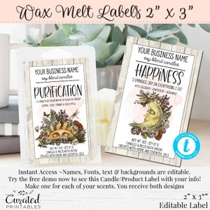 Wax Melts Label, Editable Label, DIY Product Label, DIY Ingredient Label, DIY Sticker, Editable Sticker, Candle Label, 2 x 3, Green Witch