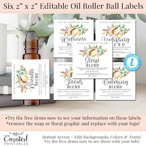 Set of 6, 2 x 2 Oil Roller Bottle Labels, Editable Label, Essential Oil Label, DIY Label, Editable Sticker, 2 Inch Square label, 10ml, Soap