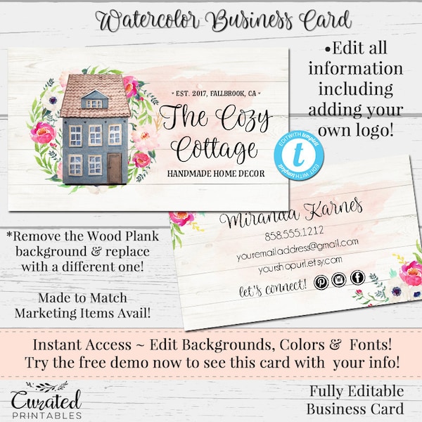 Cottage Business Card, Editable Card, Business Card Template, DIY Business Card, Instant Download Card, Editable Card, Cozy Cottage