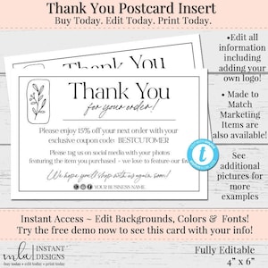 Cartoline di ringraziamento, cartoline modificabili, inserti per ordini, biglietti di ringraziamento personalizzati, cartoline con download immediato, cartoline 4 x 6, cartoline Tresor