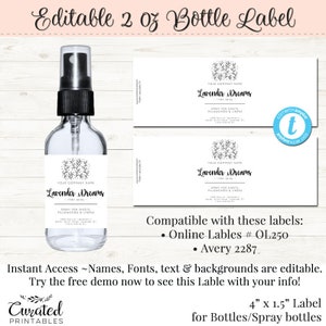 Spray Bottle Label, Editable Spray Bottle Label, DIY Spray Bottle Label, Bottle Label, 2 oz Bottle, 4" x 1.5" Label Template, DIY Label