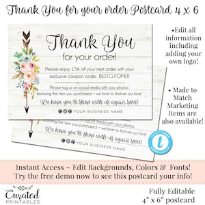 Dankespostkarten, editierbare Postkarten, Paketbeilagen, Bestellbeilagen, benutzerdefinierte Dankeskarte, Sofortiger Download-Postkarte, Blumen, 4 x 6