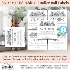 Set of 6, 2 x 2 Oil Roller Bottle Labels, DIY Label, Essential Oil Label, DIY Ingredient Label, Editable Label, 2 Inch Square label, 10ml