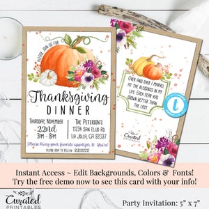 Thanksgiving Invitation, Turkey Day Invitation Template, Printable DIY, Instant Download, Friendsgiving, Pumpkin Invitation, Dinner Invite