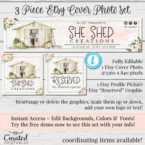 She Shed Etsy Cover Photo, DIY Etsy Banner, Editable Set, DIY Set, Boutique Etsy Set, Cover Photo, Blank Etsy Template, She Shed Design