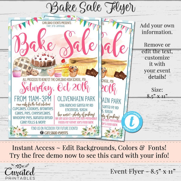 DIY Bake Sale Flyer, Custom Flyer, Fundraiser Flyer, Invitation for Vendors, DIY Template, Marketing, Editable Vendor Flyers, Bake Sale