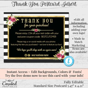 Thank You Postcards, Editable Postcards, Package Inserts, Order Inserts, Thank You Card, Instant Download Postcard, Flowers, Bella Chic