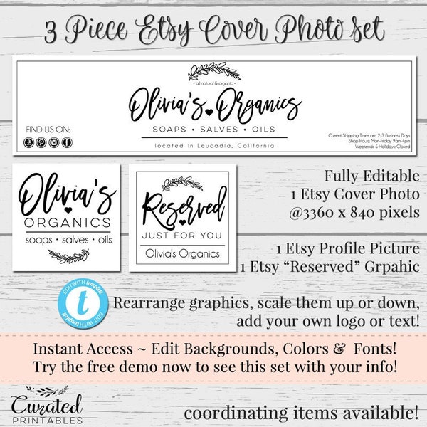 Etsy Cover Photo, DIY Etsy Banner, Editable Etsy Set,  DIY Etsy Set, Instant Download Template, DIY Business, Blank Etsy Template, Olivia