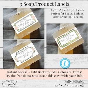 3 Soap Labels, Editable Label, Bath Product Label, DIY Ingredient Label, Instant Print Sticker, Editable Sticker, Soap Label Template